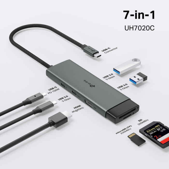 TP-LINK UH7020C 7-v-1 USB-C HUB priklopna postaja z 4K HDMI in 100 W Power Delivery