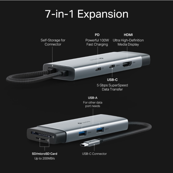 TP-LINK UH7020C 7-v-1 USB-C HUB priklopna postaja z 4K HDMI in 100 W Power Delivery
